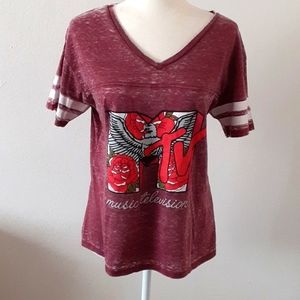 EUC MTV Retro V Neck Burnout Style T Shirt Size L Red